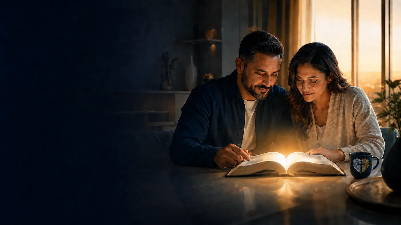 Una pareja lee la Biblia junta al amanecer, iluminada por la luz que sale de sus páginas