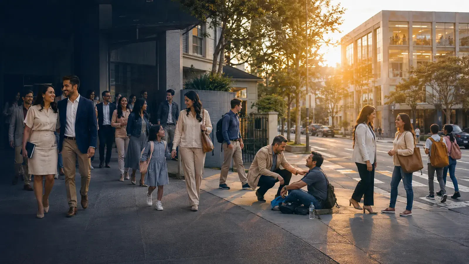 Personas caminando por la calle al atardecer; una de ellas se agacha para conversar con alguien sentado en la acera