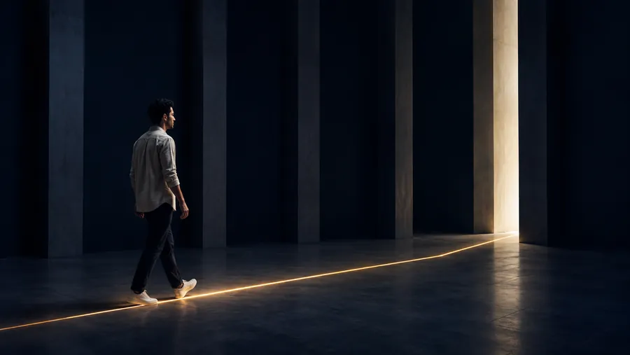 Un hombre camina en un espacio oscuro siguiendo una línea de luz dorada que lleva hacia una puerta iluminada