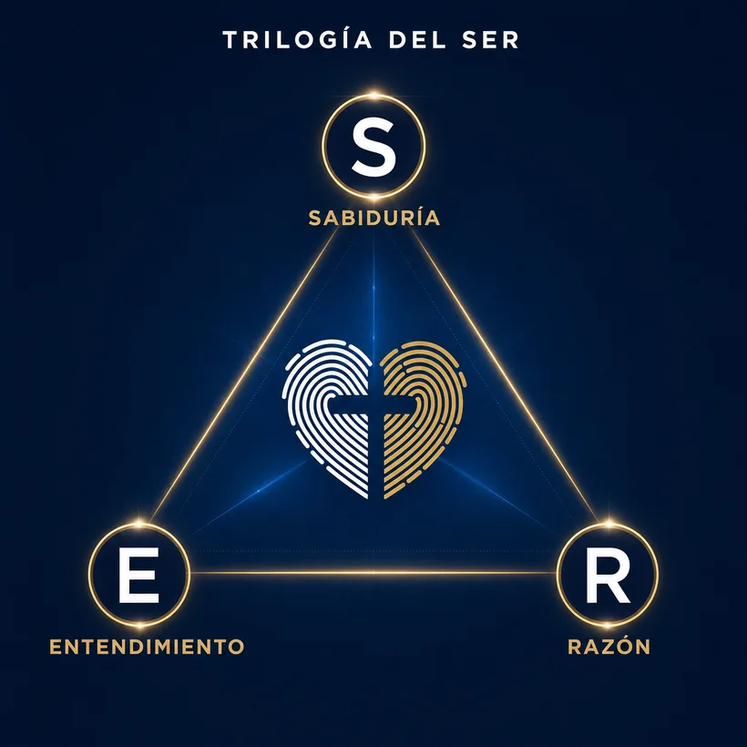 Trilogía del SER: Sabiduría, Entendimiento y Razón unidas en un triángulo alrededor del símbolo de SER DE DIOS